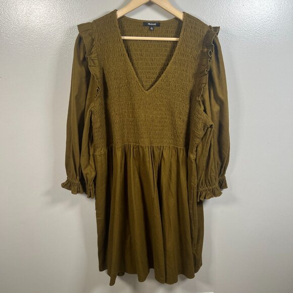 Madewell Flannel Lucie V-Neck Smocked Mini Dress Size 2X Weathered Olive Green - Picture 2 of 12